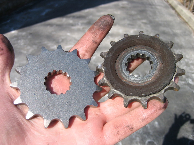 New vs. used 2000 Suzuki SV650 front sprockets.